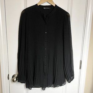 Zara Black Pleated Button-Up Blouse Top